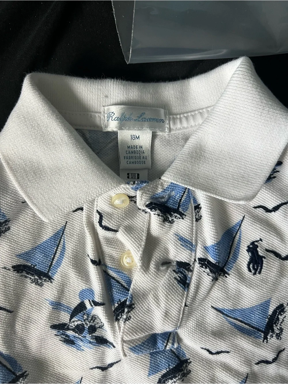 Ralph Lauren White Polo with Light Blue & Navy Sailboat Motif